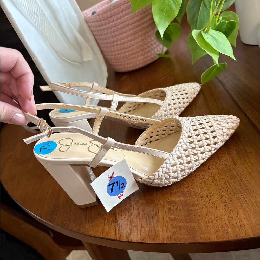 7.5 slingback chunky woven cream heels